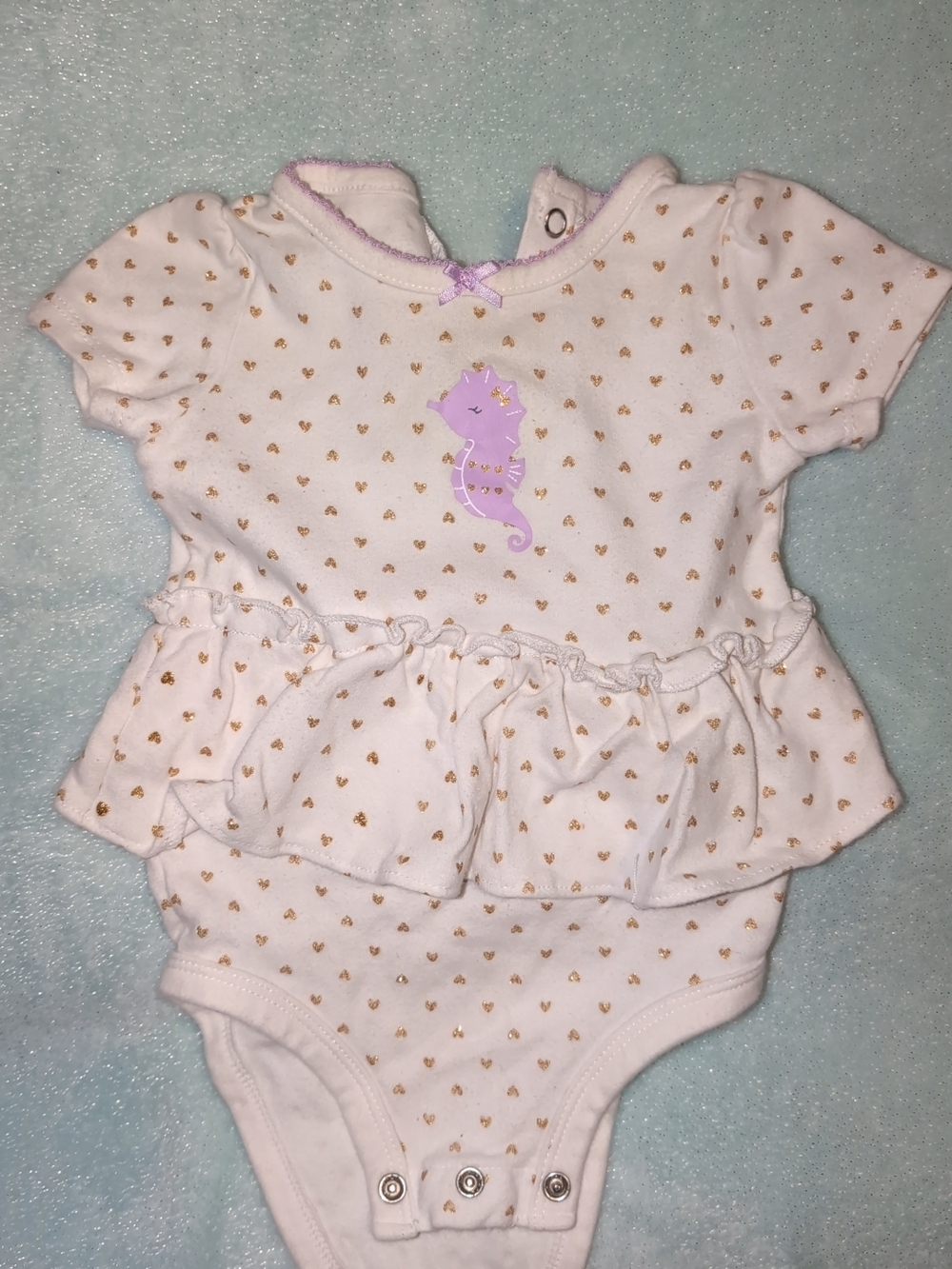 Carter's White One-Piece with Gold Hearts and Purple Seahorse